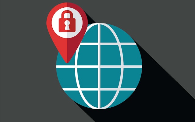 A globe with a padlock indicating encrypted geo-tagging data.