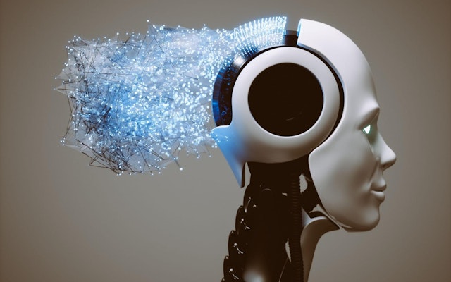 A profile of a robot with a blue artificial intelligence brain extending out.