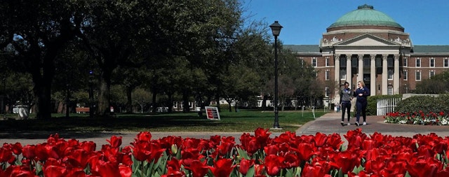 SMU campus with rose garden in foreground