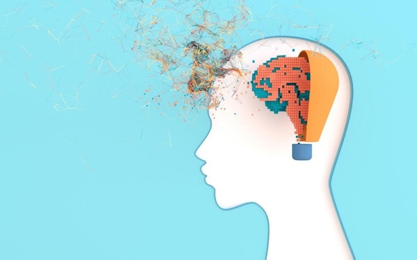 Graphic design of a human profile illustrating the brain as a hot air balloon emitting neural connections.