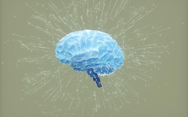 A graphic of a blue brain and white lines in front of a light brown background.