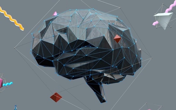 Digital generated image of a brain with glowing blue edges, surrounded by different geometric shapes against a gray background.