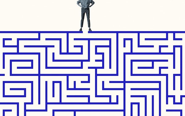 Full-length graphic design of a young woman standing with hands on her hips over blue maze against a solid background.