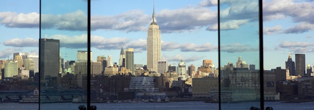 New York City skyline viewed from within Stevens campus building.