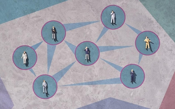 A graphic illustration of interconnected businesspeople against a color-blocked background.