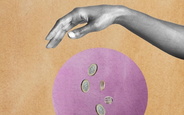 A graphic illustration of a hand dropping coins into the air, against an orange background.