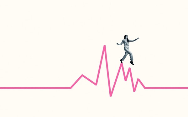 A graphic illustration of a person stepping down a pink horizontal line chart against a beige background.