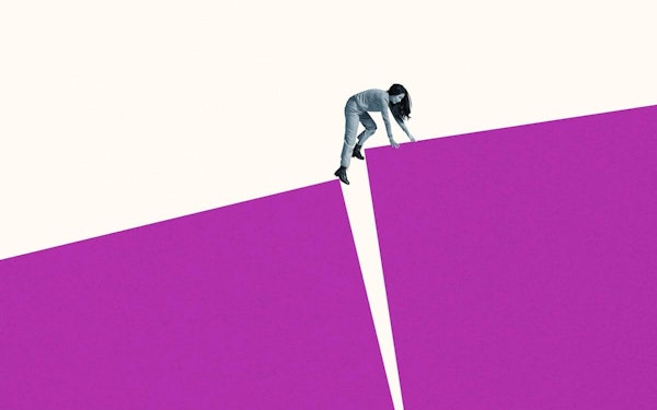 A graphic illustration of a young woman climbing on large magenta blocks against white background.